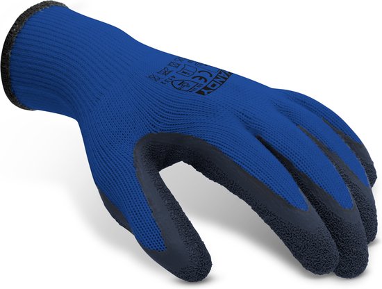 Een blauwe werkhandschoen met donkergrijze handpalm en vingertoppen.
