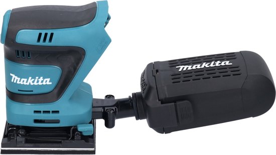Turquoise Makita vlakschuurmachine met stofzuigeropzetstuk en zwarte greep.