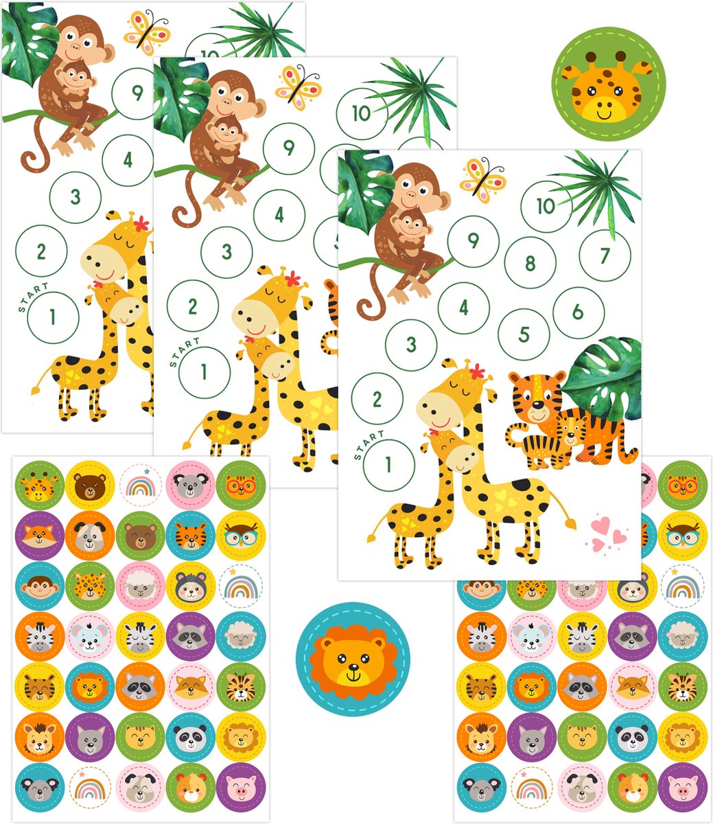 Goedkoopste Beloningssysteem met Stickers - Beloningskaarten Jungle Beloningsstickers - 2 Stickervellen 3 Dubbelzijdige Beloningskaarten - Beloningssysteem Kind - Zindelijkheidstraining Kind - Beloningssysteem Jongens - Potje Peuter - Beloningskalender