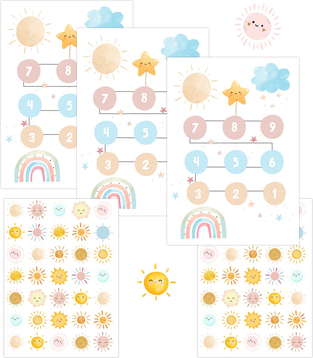 Goedkoopste Beloningssysteem met Stickers - 3 Beloningskaarten Zon en 2 Stickervellen Beloningsstickers - Beloningssysteem Kind - Zindelijkheidstraining Kind - Beloningssysteem Meisjes - Beloningssysteem Gedrag - Beloningskalender - Beloningsbord - Potje Peuter