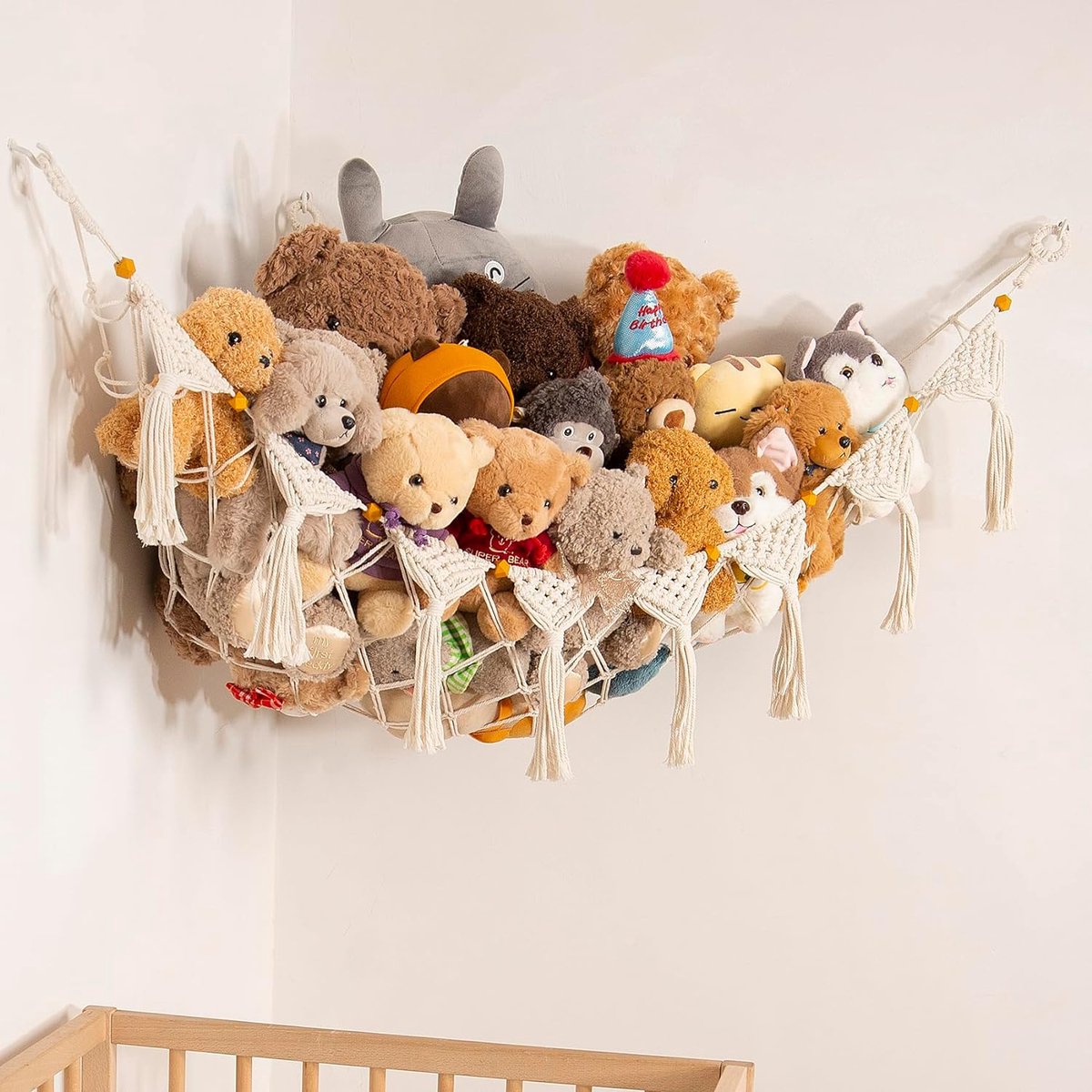 Organisateur Peluches Boho Hamac Mural Pour Peluches - Filet De Rangement Jouets - Décoration Chambre Enfant Boho - Économiseur D'Espace Rangement Peluches Mur Boho