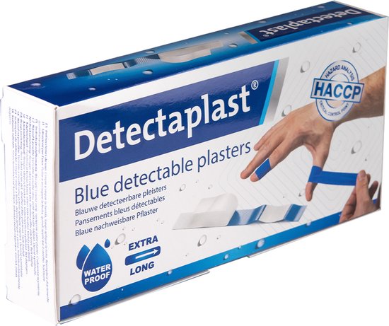 Detectaplast blauwe pleisters Universal, metaaldetecteerbare, waterdichte en vuilwerende pleisters sensitive, voor de voedingsindustrie, catering en grootkeuken, 180 x 20 mm, 100 stuks