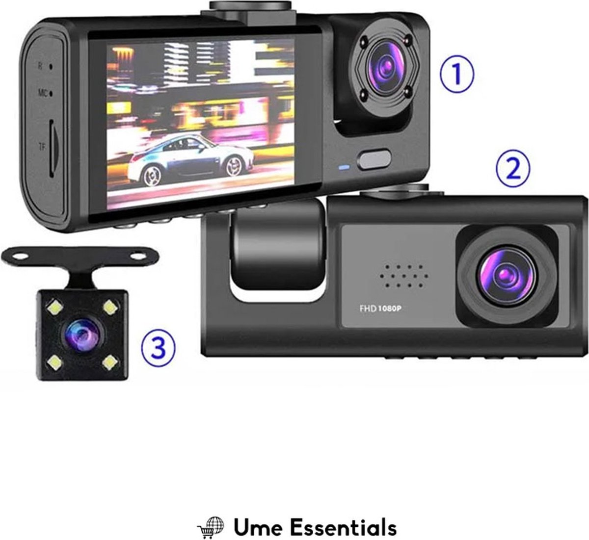 Ume Essentials - Dashcam Voor Auto 3 in 1 - Voor en Achter Camera - Bewegingsdetectie en Parkeerstand - G-Sensor - Full HD - 170° Groothoeklens