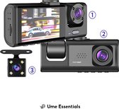 Ume Essentials - Dashcam Voor Auto 3 in 1 - Voor en Achter Camera - Bewegingsdetectie en Parkeerstand - G-Sensor - Full HD - 170° Groothoeklens
