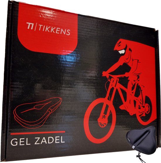 Tikkens doos met rode opdruk van een fietser en de tekst GEL ZADEL. Een zwart zadel ligt ernaast.