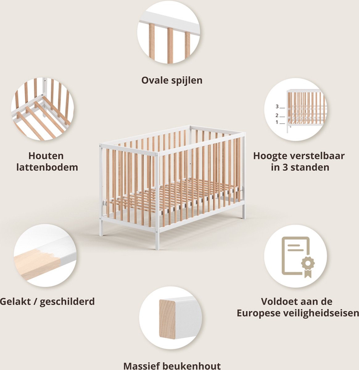 Petite Amélie ® Ledikant - 60 x 120 cm - Lattenbodem instelbaar in 3 hoogtes - Geschikt tot ongeveer 2 jaar - Stevig Bed dankzij Massief Hout & Sterk Plaatmateriaal - Wit & Naturel – foto 2