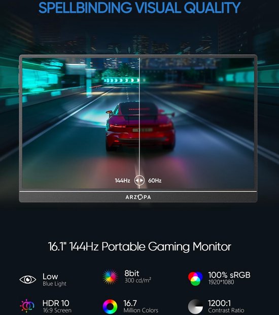 Arzopa G1 Game - Moniteur de Gaming portable - Béquille intégrée - 144 Hz - 16,1 pouces