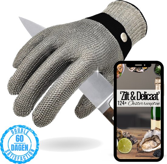 TEN® - Gant à huîtres en acier inoxydable Taille XL avec gant intérieur + eBook de recettes - Gant de boucher - Gants résistants aux coupures - Huître