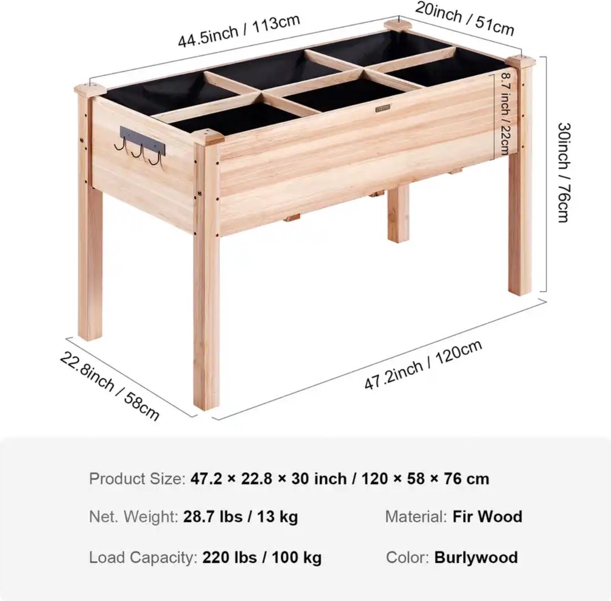 MS® - Verhoogde plantenbak met 6 vakken - Kweektafel - Op poten - Met plank - Hout - LxBXH: 120 x 58 x 76