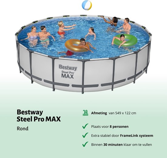 Piscine Bestway Ronde Steel Pro MAX - 549 x 122 cm - Grijs - Pompe Incluse - Ladder - Forfait Entretien Couverture - Filtre - Carrelages de sol