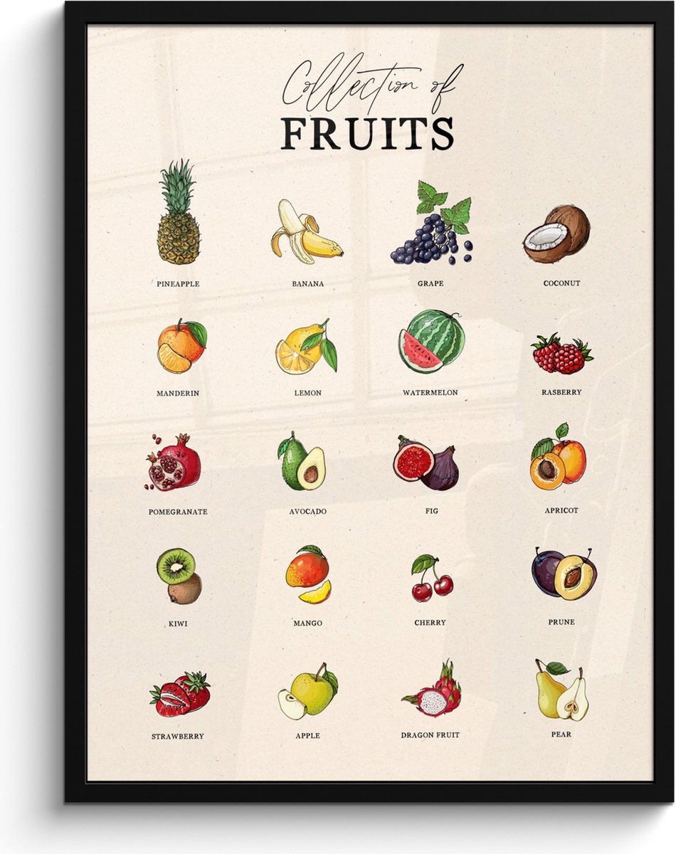 FrameYourWall Fotolijst inclusief poster - Posterlijst 60x80 cm - Posters - Fruit soorten - Kleurrijk - Eten - Vintage - Foto in lijst - Keuken decoratie muur - Wanddecoratie accessoires - Muurdecoratie - Schilderijen Fruit - Overzicht