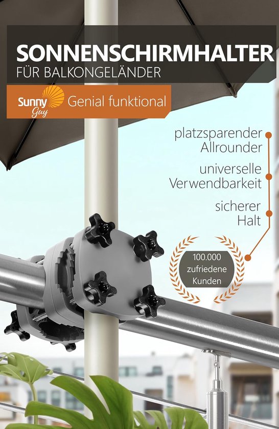 parasolhouder balkonreling Sunnyguy – voor parasol rechthoekig tot 210 x 150cm, rond tot 270 cm – compacte balkon parasol houder