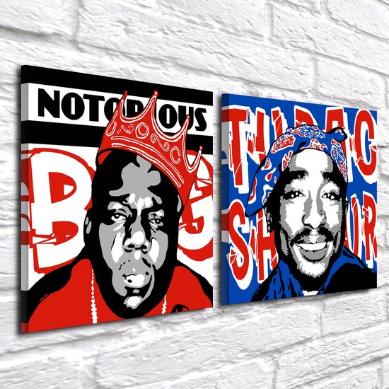 Pop Art Le Notoire BIG & Tupac Shakur 2 x - Impression sur toile - sur cadre en bois de pin - 60 x 60 x 2 cm - Décoration murale