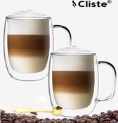 Cliste Dubbelwandige Koffieglazen Met Oor Met Gratis 2x Goud Lepels - Latte Macchiato Glazen - 400ML - Dubbelwandige Theeglazen - 2x - Cappuccino Glazen