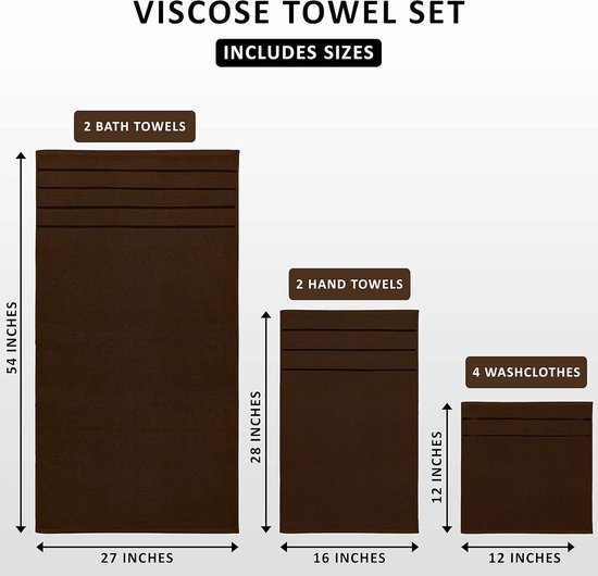 8-delige luxe handdoekenset, 2 badhanddoeken, 2 handdoeken en 4 washandjes, 97% ringgesponnen katoen zeer absorberend viscose streep handdoeken ideaal voor dagelijks gebruik (Bruin)