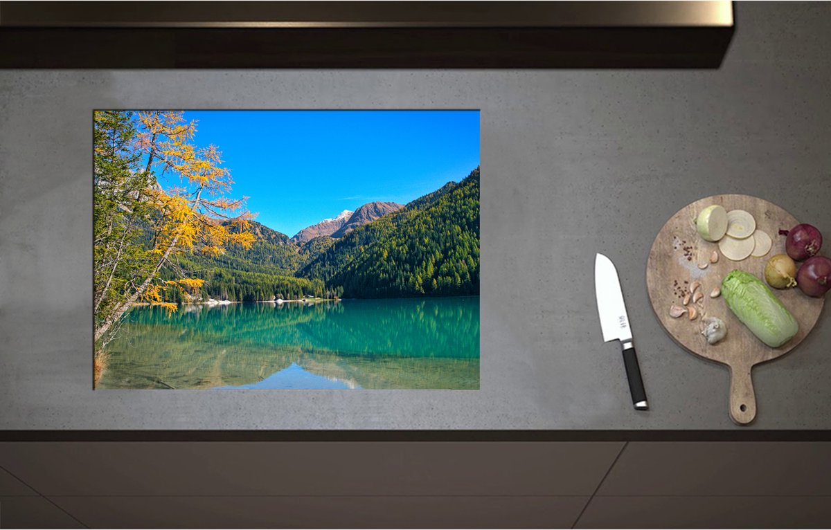 Inductieplaat Beschermer - Bomen en Bergen met Water in Landschap - 70x51 cm - 2 mm Dik - Inductie Beschermer - Bescherming Inductiekookplaat - Kookplaat Beschermer van Wit Vinyl