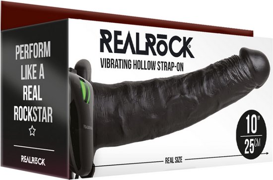 Shots - RealRock REA140BLK - Gode Ceinture Creux Vibrant No Balles - 10'' / 24,5 cm - Noir
