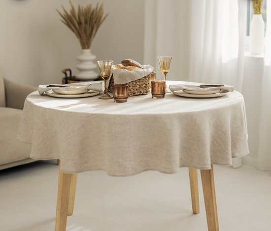 Foto: Tafelkleed beige rond 140cm tafelkleed met linnenlook elegante textuur gemakkelijk afwasbaar waterafstotend krasbestendig gemaakt van hoogwaardig polyesterweefsel veelzijdig inzetbaar voor indoor outdoor