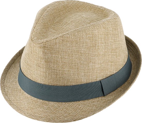 Trilby linnen uni stof hoed met ripband-lint Beige - Maat: 59-L-----let op valt groter 59=60.