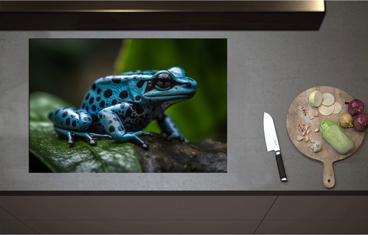 Inductieplaat Beschermer - Blauwe zwart gestipte gif kikker zit op blad - 80x55 cm - 2 mm Dik - Inductie Beschermer - Bescherming Inductiekookplaat - Kookplaat Beschermer van Zwart Vinyl