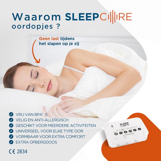 Vrouw slaapt comfortabel met SleepCore siliconen oordopjes. Vrij van BPA, anti-allergisch en universeel.