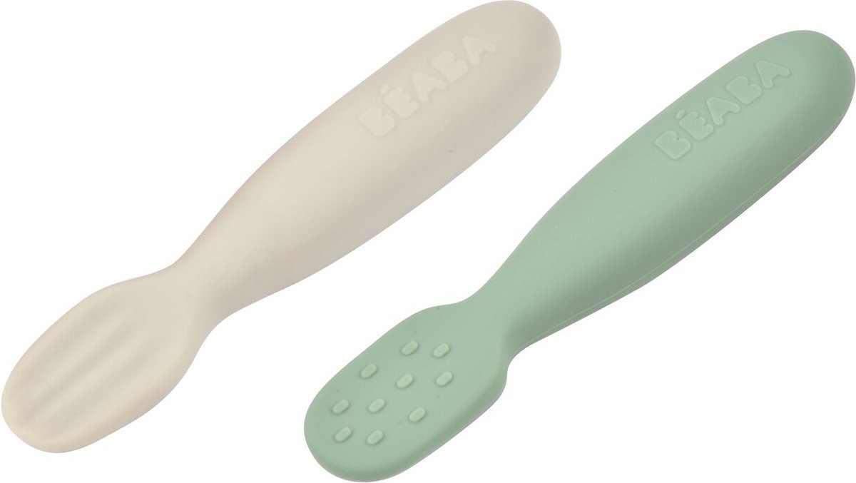 Goedkoopste Béaba Set van 2 Siliconen lepels - Oefenlepel Baby - Vanaf 4 maanden - Ergonomisch & Zacht - Groen / Grijs - Sage Green/Velvet Grey