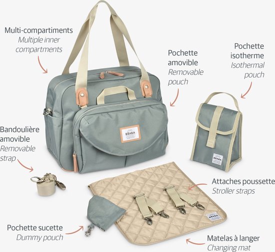 BÉABA Parijs Luiertas - Modieuze Babyverzorgingstas Met 10 Vakken, Koeltas En Aankleedkussen - Saliegroen