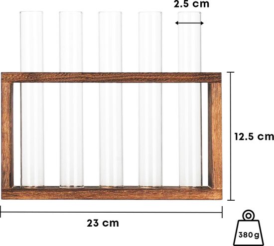 Houten stekstation met vijf glazen buisjes, met afmetingen van 23x12,5 cm en 380 gram.