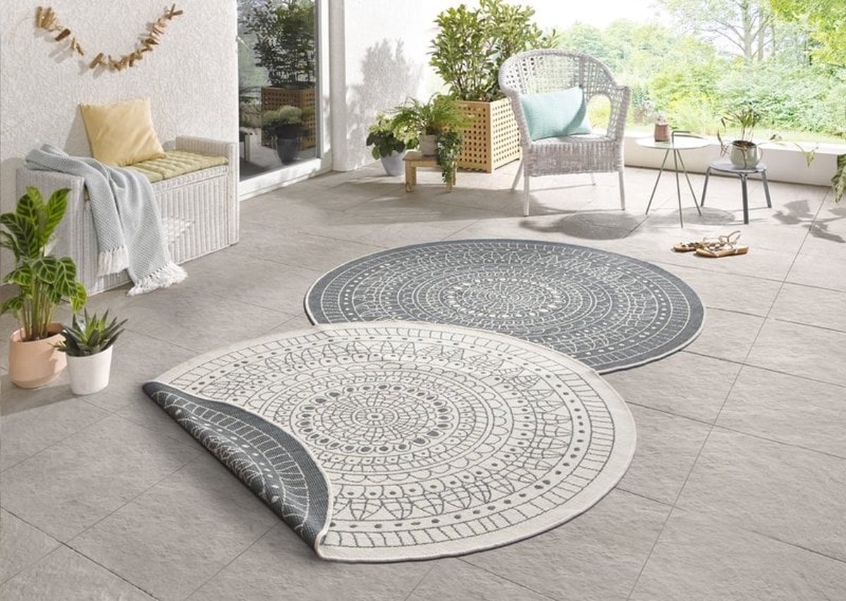 Flycarpets Omkeerbaar Vloerkleed - Binnen & Buitenkleed Porto- Grijs / Creme - 140x140 cm