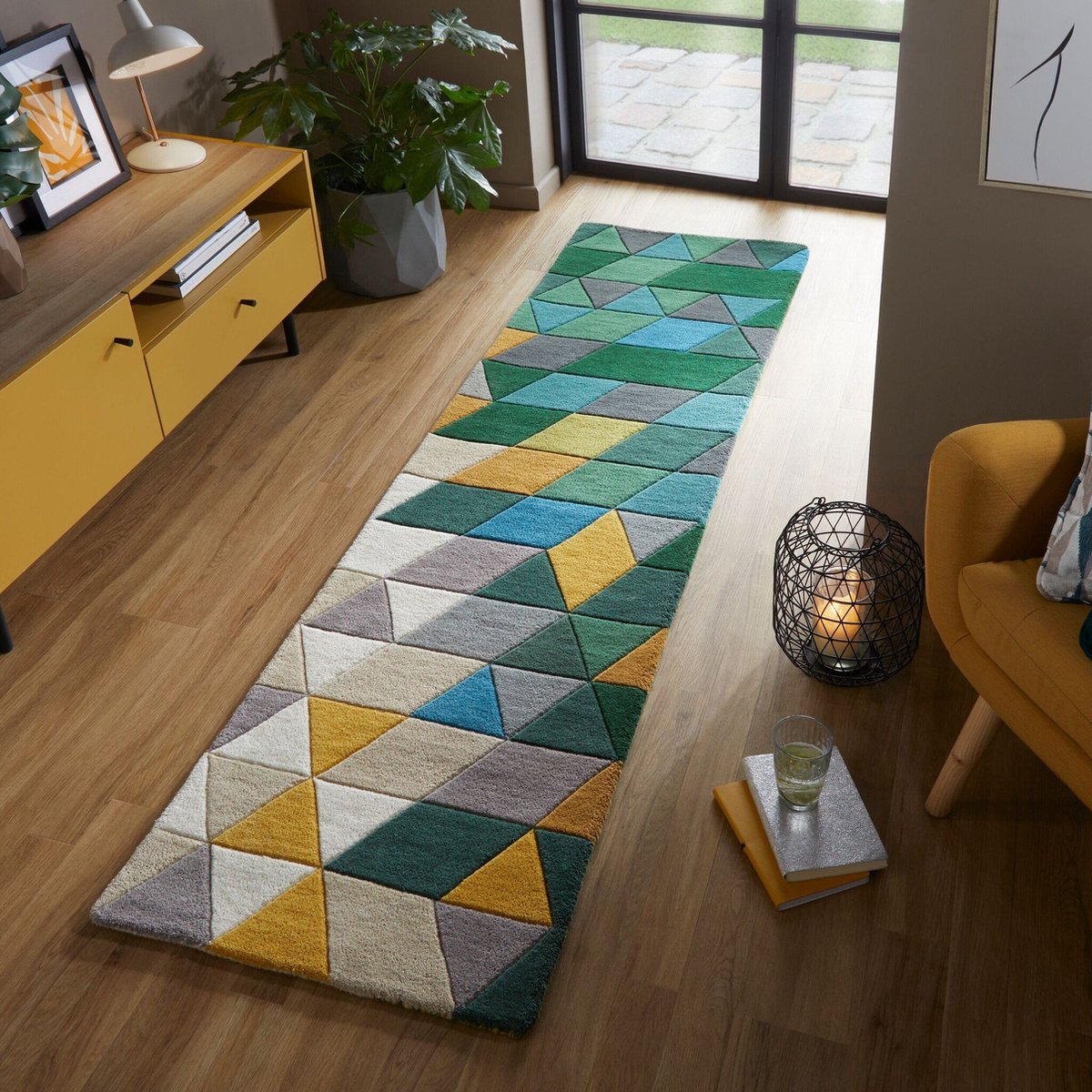 Flycarpets Loper Prism Modern Laagpolig - 100% Wol - Driehoek Vloerkleed - Groen / Multi - 60x230 cm