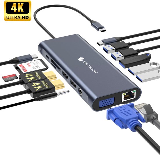 Foto: Siltcon 14 in 1 usb c hub docking station laptop docking station usb c 2x hdmi 4k 1x vga rj45 gigabit usb c 3 1 usb a 3 1 100w pd spacegrey 2024 model