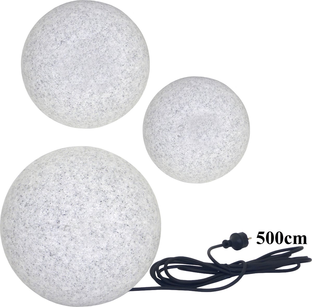Trango Set van 3 IP65 tuinbol 23500GB graniet steenlook *NATURE* bolvormige lamp met 20/30/50cm diameter incl. 1x 4 Watt E27 LED lamp per stuk & ca. 5 Meter IP44 Kabel, Tuinlicht, Lichtbal, Tuinlamp
