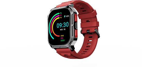 Rode smartwatch met zwarte kast en gekleurde ringen op het scherm, 09:30.