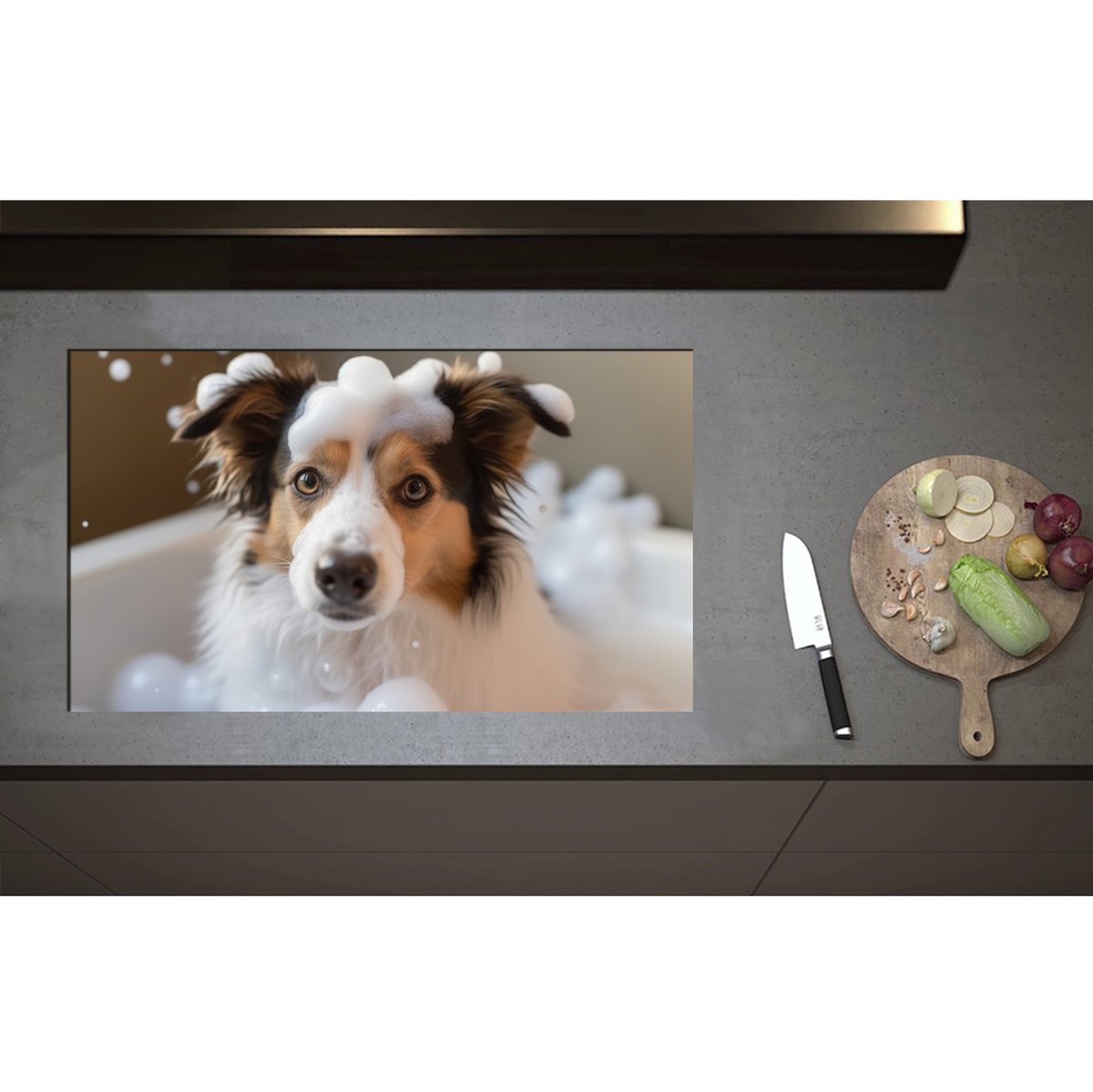 Inductieplaat Beschermer - Border collie hond in bad met zeepbubbels - 85x50 cm - 2 mm Dik - Inductie Beschermer - Bescherming Inductiekookplaat - Kookplaat Beschermer van Wit Vinyl