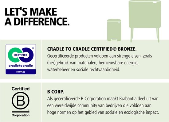 Certificeringen Cradle to Cradle Bronze en B Corp voor Brabantia.