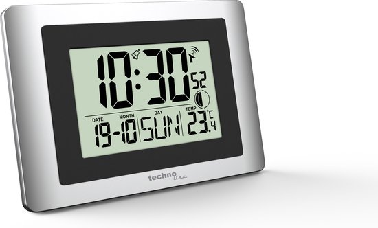 Zilverkleurige digitale wandklok. Weergave: 10:30, 19-10, ZON, 23.4°C.