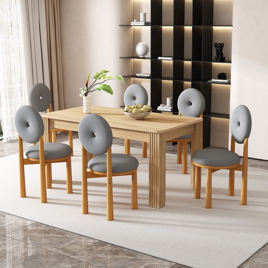 Ensemble de 6 chaises de salle à manger en tissu sherpa, chaise beignet, chaise de salle à manger familiale, moderne et simple, pour salon, chambre à coucher, quatre pieds en bois de caoutchouc, kussen rond et dossier design gris