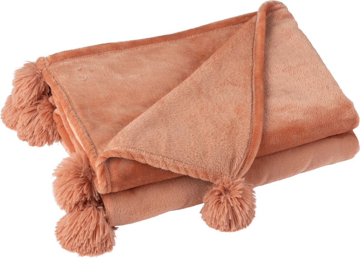 J-Line plaid Pompom - polyester - perzik - 170 x 130 cm