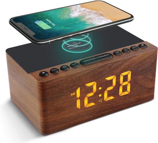 Neveda® Digitale Wekkerradio Met Draadloze oplader - Wekkers digitaal - Slaapkamer - Klokradio - Voor kinderen & Volwassenen - Hout