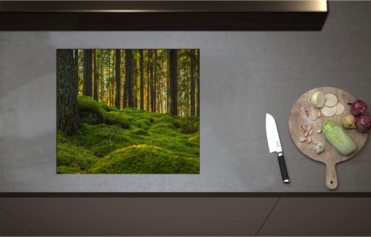 Inductieplaat Beschermer - Bomen in Bos bij Groen Begroeide Ondergrond - 58x51 cm - 2 mm Dik - Inductie Beschermer - Bescherming Inductiekookplaat - Kookplaat Beschermer van Wit Vinyl