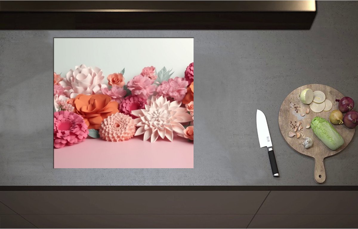 Inductieplaat Beschermer - Boeket van Papieren Bloemen - 59x55 cm - 2 mm Dik - Inductie Beschermer - Bescherming Inductiekookplaat - Kookplaat Beschermer van Zwart Vinyl