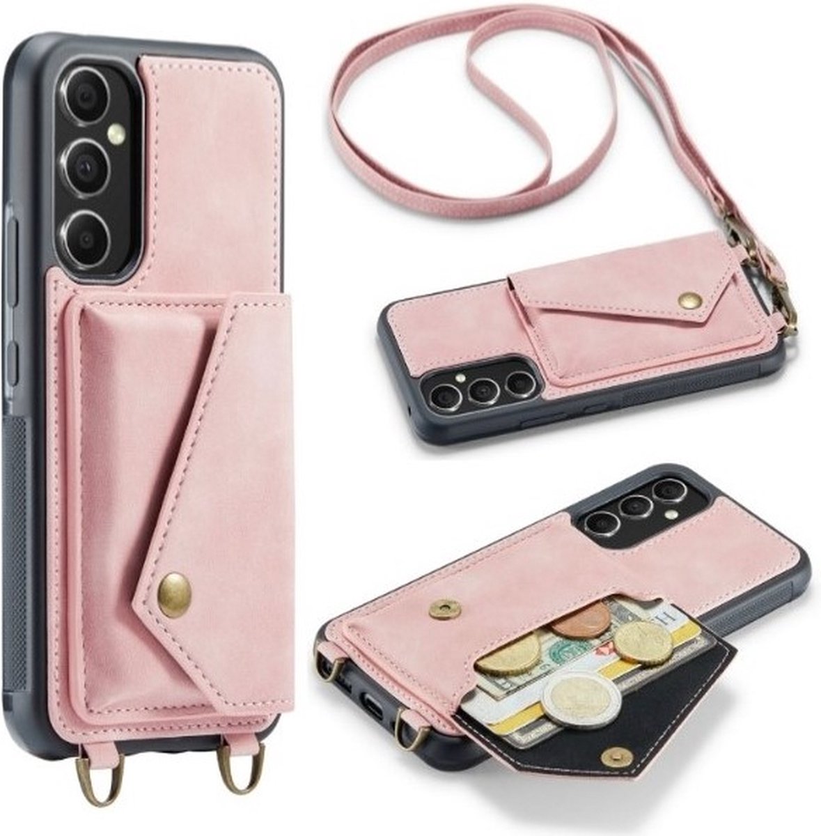 Casemania –geschikt voor Samsung Galaxy S23 Plus – Crossbody – Back Cover met Koord – incl. Opberg vak - Licht Roze