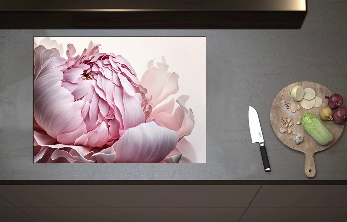 Inductieplaat Beschermer - Bloeiende Pastelroze Pioenroos Bloem op Pastelroze Achtergrond - 75x55 cm - 2 mm Dik - Inductie Beschermer - Bescherming Inductiekookplaat - Kookplaat Beschermer van Zwart Vinyl