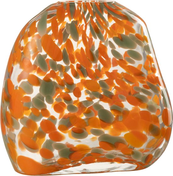 Foto: J line vaas plat stippen glas oranje groen large 23 cm hoog