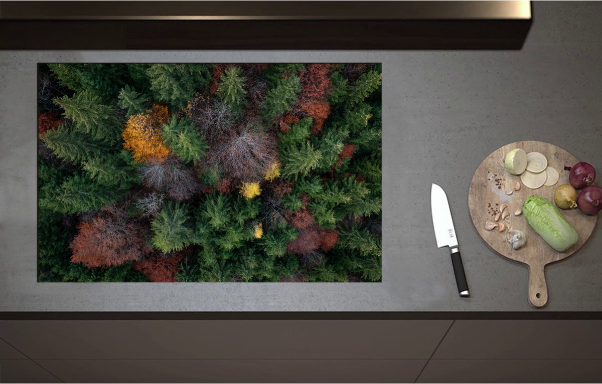 Inductieplaat Beschermer - Bovenaanzicht van Coniferen Bomen in Verschillende Kleuren - 85x55 cm - 2 mm Dik - Inductie Beschermer - Bescherming Inductiekookplaat - Kookplaat Beschermer van Zwart Vinyl