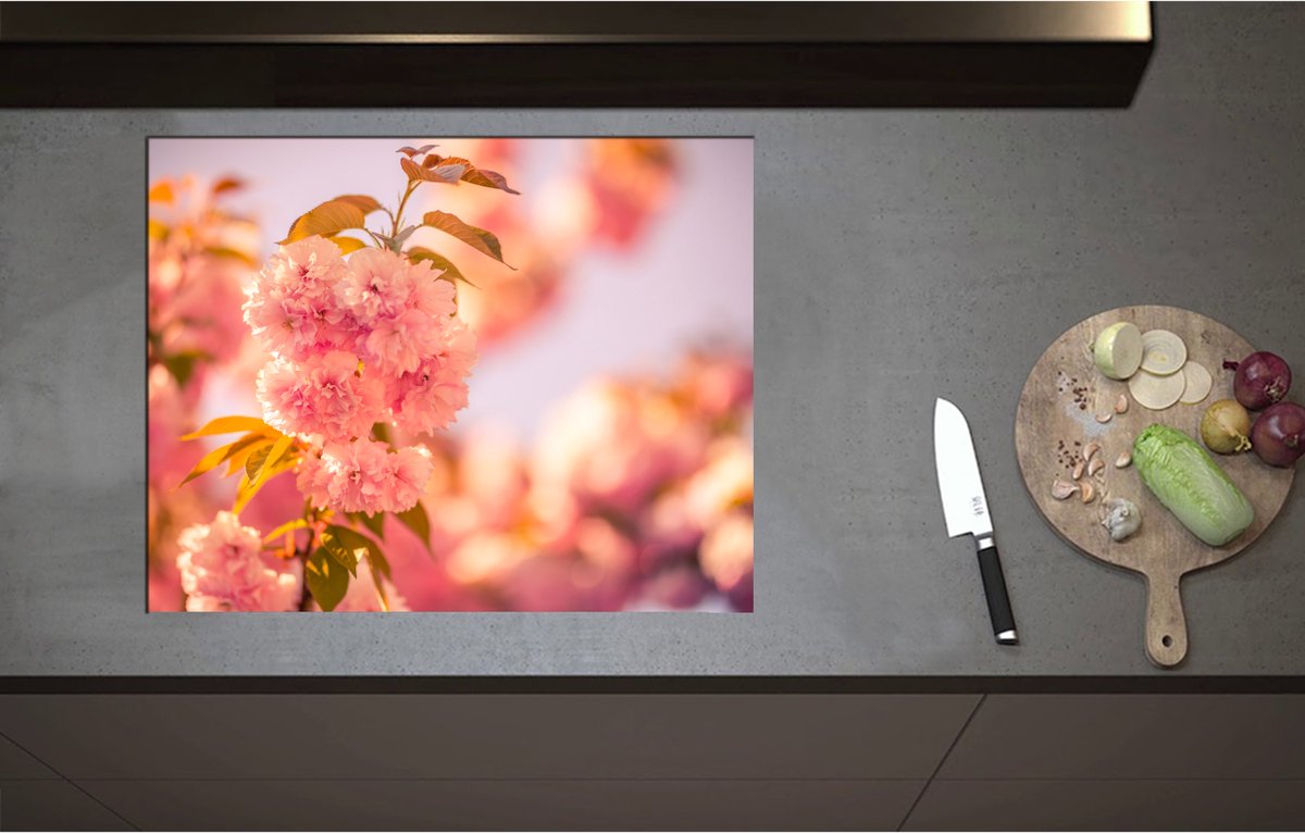Inductieplaat Beschermer - Bloeiende Roze Bloesem Bloemen op Mooie Lentedag - 70x55 cm - 2 mm Dik - Inductie Beschermer - Bescherming Inductiekookplaat - Kookplaat Beschermer van Zwart Vinyl