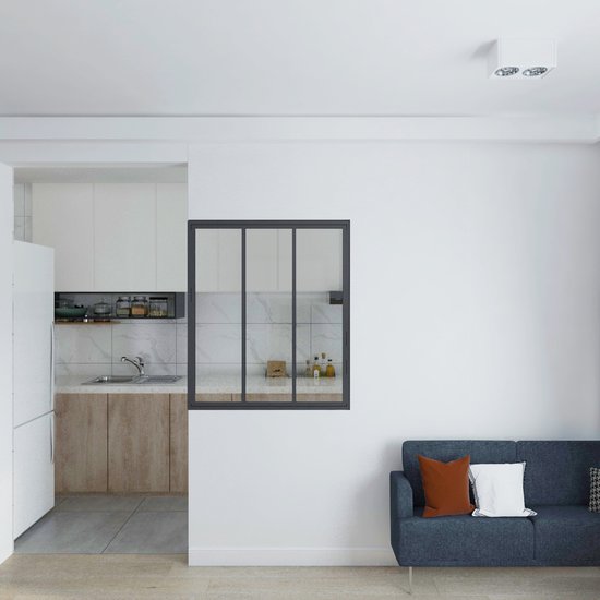 Fenêtre intérieure entièrement vitrée - H 108 x L 93 - 3 fenêtres transparentes - prête à poser - noir mat