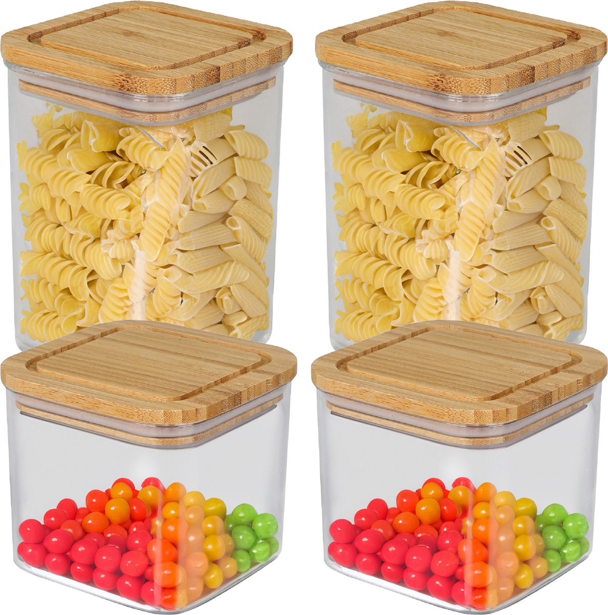 Bambou & Co keuken voorraadpotten - 4x stuks - 0.8L/1L - kunststof/bamboe - met luchtdichte deksel