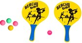 Summertime strand Beachball set - hout - geel - strand sport speelset - met 5x balletjes - speelgoed