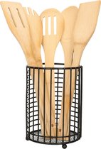 Items Keukengerei kooklepels spatels set 5-delig - bamboe - in rvs houder van 13 x 17 cm - zwart